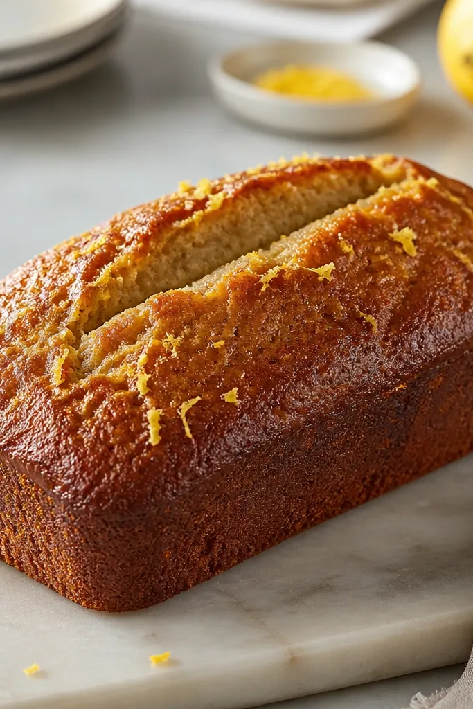 A banana bread loaf with specks of bright yellow lemon zest on the top, with a golden crust and a slightly glossy finish.