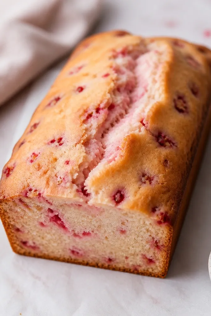 A loaf with light pink raspberry streaks and small flecks throughout, with a blush tint near the center crack.