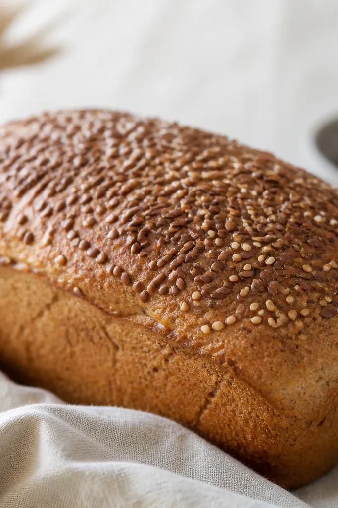A loaf top covered in a thin layer of flax seeds and a few sesame seeds, with a nutty brown crust texture.