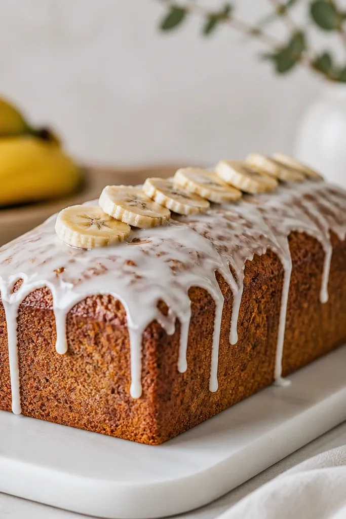 A loaf with a thin white Greek yogurt glaze in a few controlled drips along the top edges, with banana bread crumbs visible underneath.