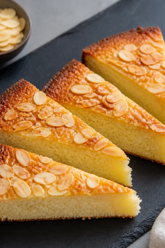 Slices arranged on a dark slate board, with visible almond slivers on the top crust and a lightly browned halo around the edges.