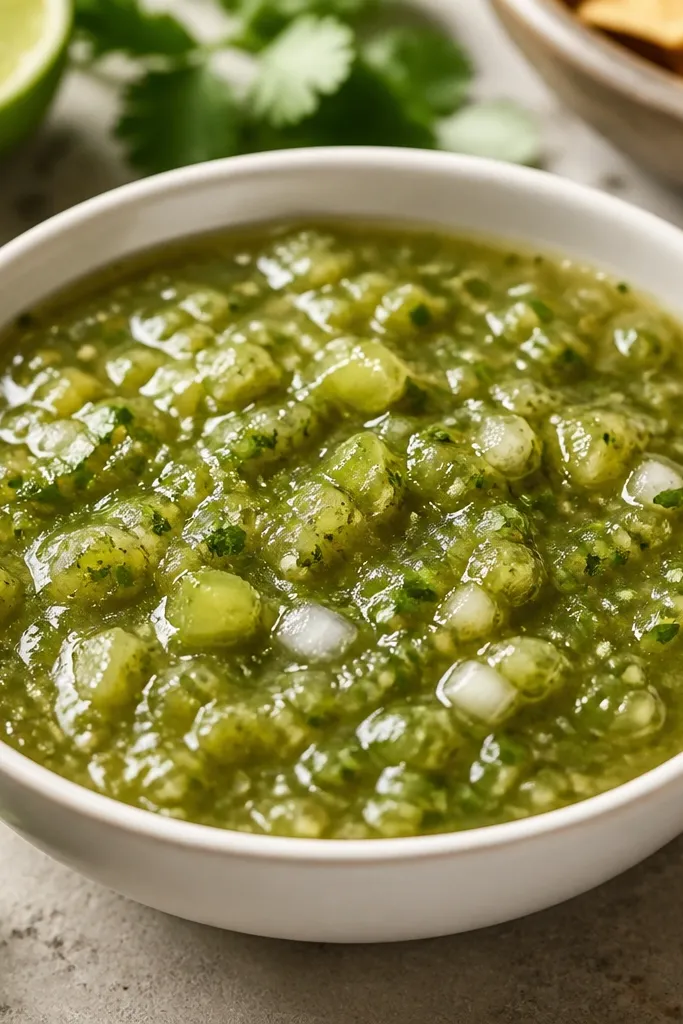 A shallow white bowl filled with chunky salsa verde, pieces of green tomato and onion visible, speckled with cilantro, with a glossy sheen from lime and oil.