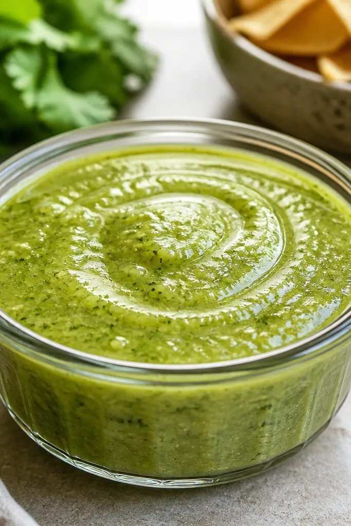 A small glass ramekin of smooth green salsa with a glossy surface, a faint swirl pattern on top, and tiny flecks of cilantro.