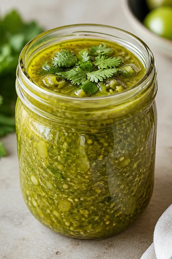 A jar with salsa verde packed with visible green tomato chunks and small serrano pepper pieces, topped with cilantro leaves and a thin ring of oil.