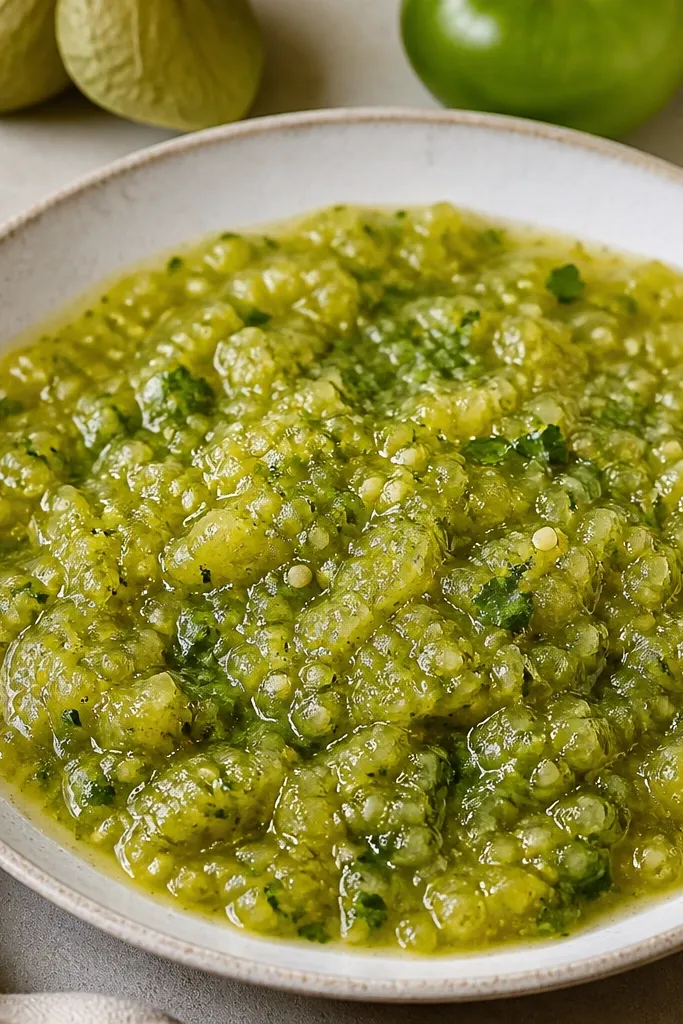 A platter spooned with salsa verde where some pieces look slightly translucent and yellow-green from tomatillos, with darker green tomato chunks mixed in.