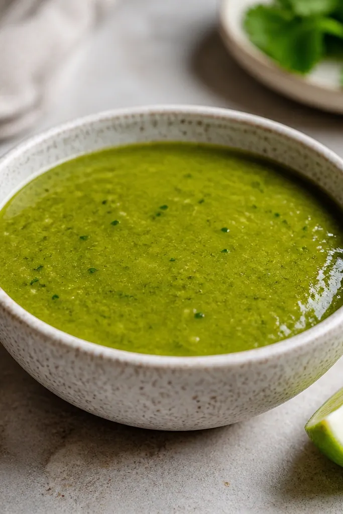 A small bowl of salsa verde that's bright olive green, with a smooth texture and tiny cilantro specks, and a lime wedge visible on the side.