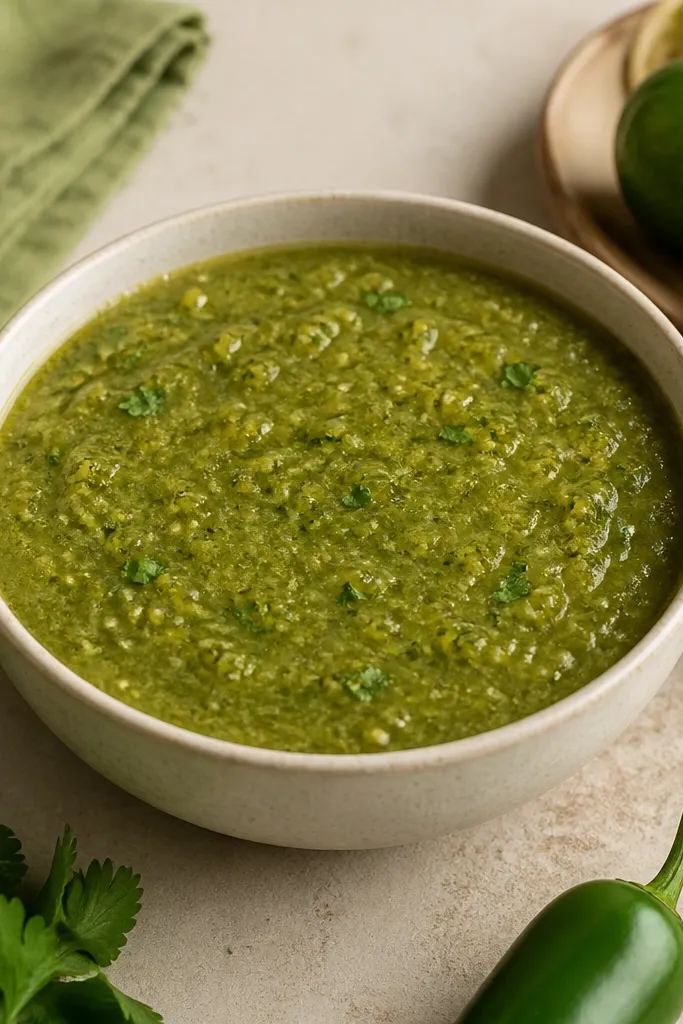 A bowl of salsa verde with a green-speckled texture, visible parsley flecks, and a matte sheen rather than glossy oil.