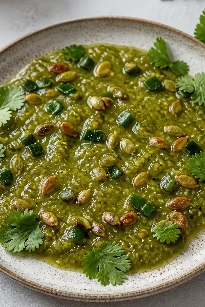 A plate with salsa verde topped with toasted green pepitas, plus a few poblano pepper flecks and cilantro leaves around the edge.