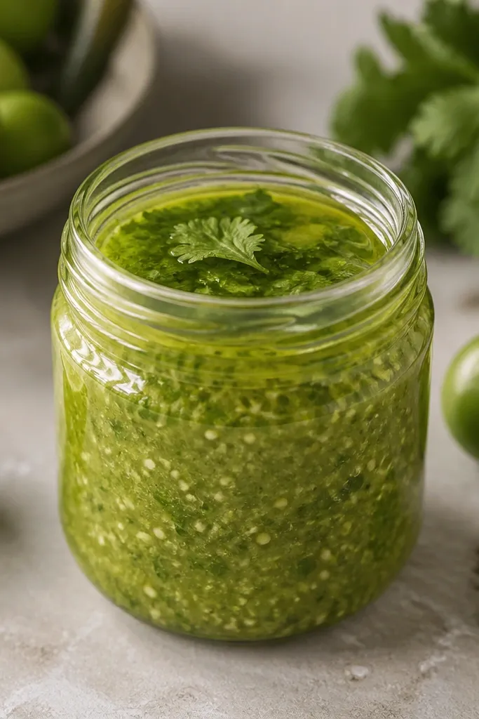 A jar of salsa verde with a slightly brighter green tone than usual, and a thin layer of oil on top, with cilantro leaves trapped near the surface.