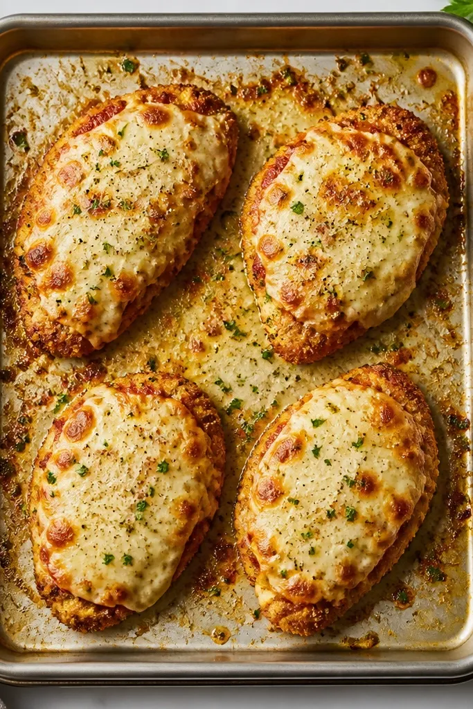A baking sheet holding four golden-brown chicken cutlets topped with melted parmesan and mozzarella, with browned cheese spots and a glossy sheen, shot from above against a light kitchen background.