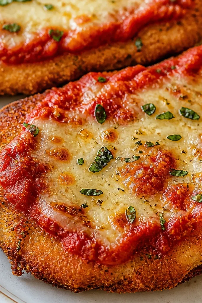 Close-up of chicken cutlets with a thin ring of bright red marinara around the edges and a light smear in the center, leaving much of the golden crust visible.