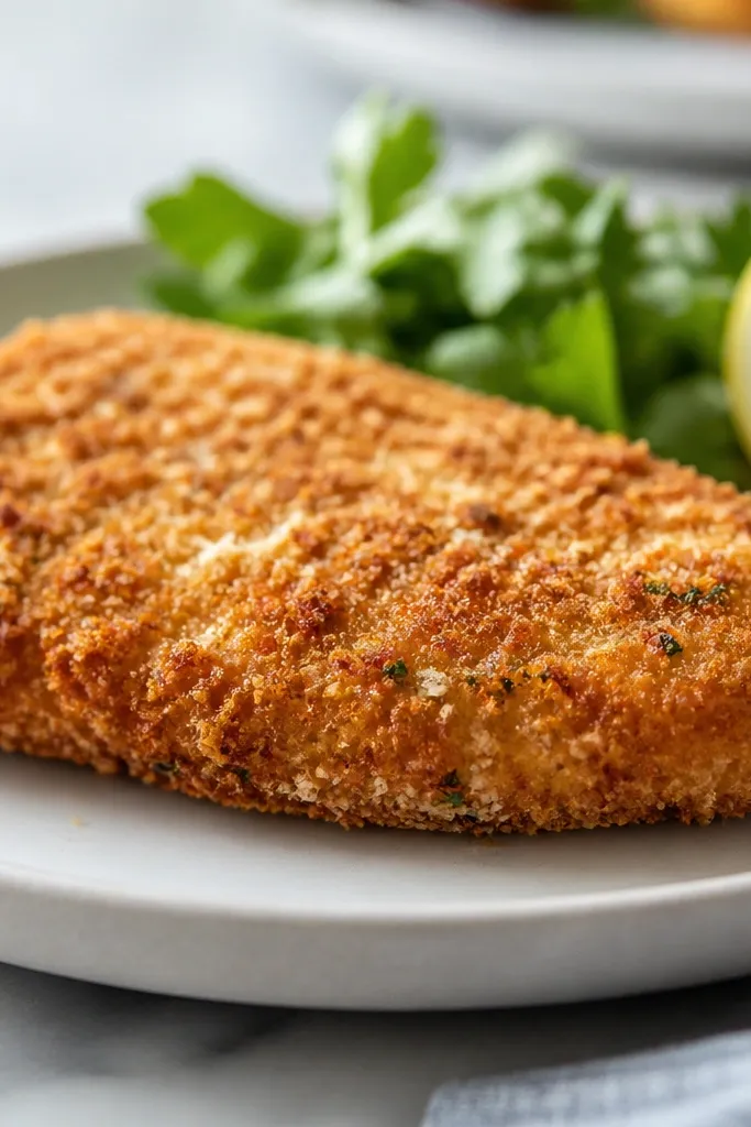 A side-angle photo showing the crust thickness around the chicken edges, with visible breadcrumb and parmesan flecks and a neat, even coating.