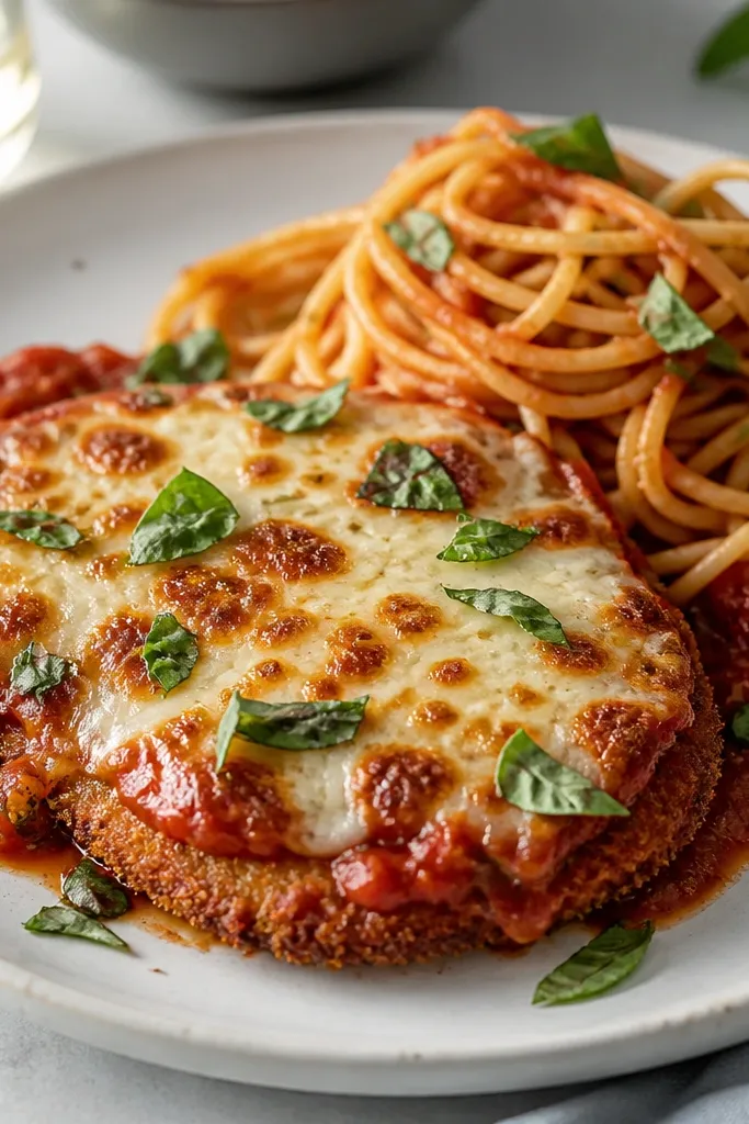 A plated chicken parmesan with tiny torn basil leaves scattered over browned cheese, with a few leaves catching light and a red sauce sheen underneath.