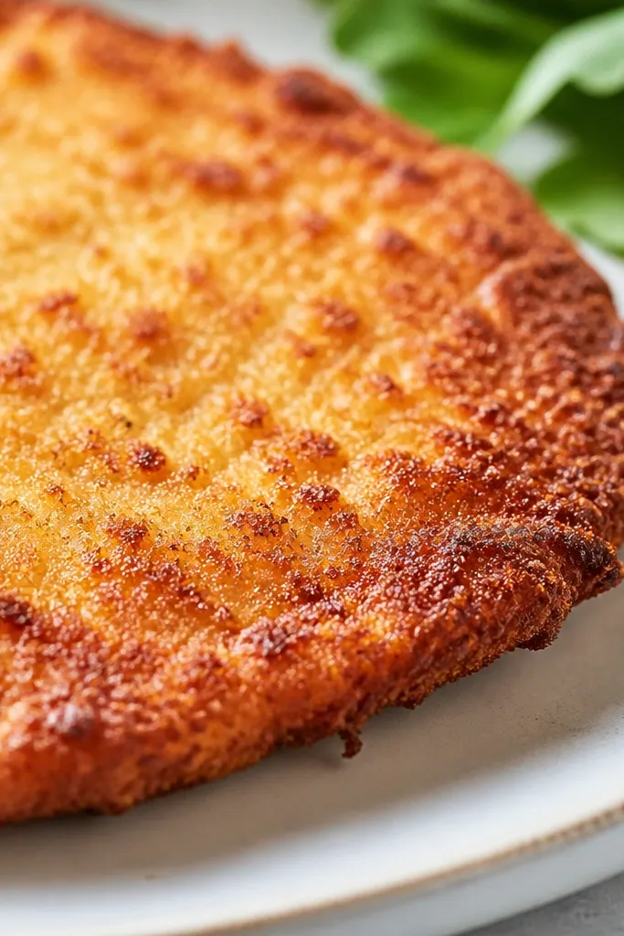 A close shot of the chicken cutlet edges showing a browned, crisp rim that rises slightly above the plate, with tiny blistered breadcrumb spots.