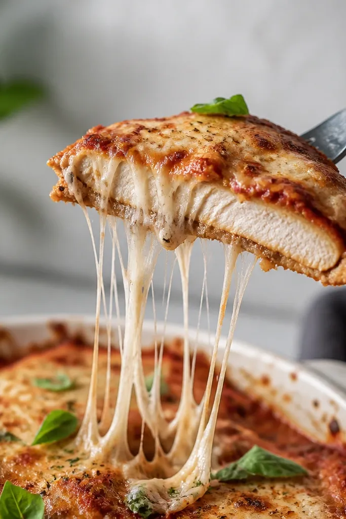 A fork lifting a slice of chicken parmesan where mozzarella pulls into thin strands, with browned parmesan speckles on top and melted cheese around the edges.