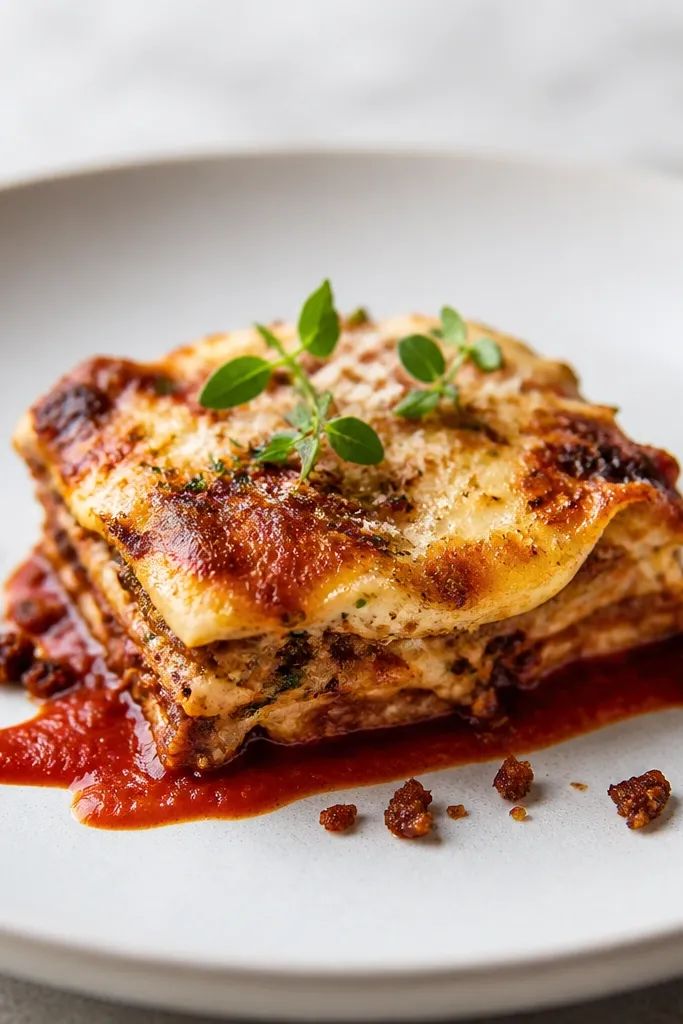 A plated serving with a few extra browned crumb bits scattered around the base, like the edges caught and crisped, with a clean red sauce line beneath.