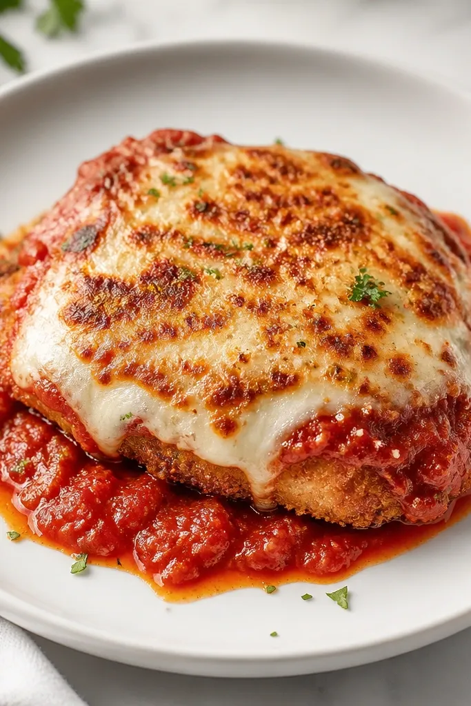 A plated chicken parmesan on a white plate showing a top layer of browned parmesan and a lighter melted mozzarella layer beneath, with a visible sauce ring.