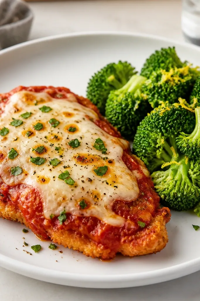 Chicken parmesan plated with a small mound of bright green broccoli with a light lemon zest dust, positioned beside the chicken on the same white plate.