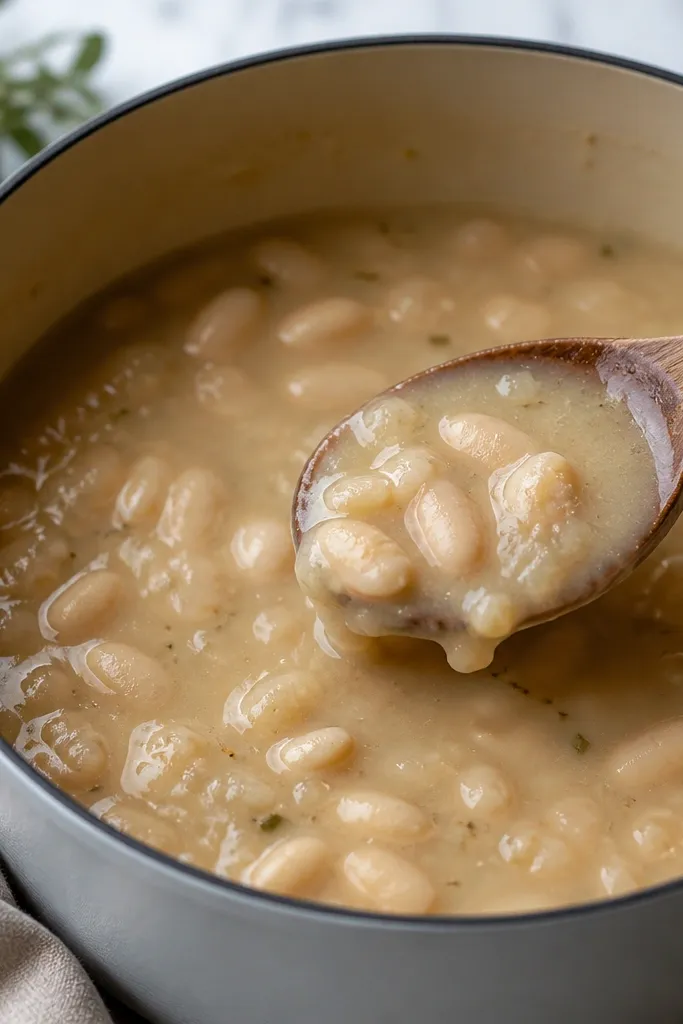 A pot of pale beige soup with visible cannellini beans, a glossy sheen, and a few mashed bean chunks; a wooden spoon shows thick broth that coats it.