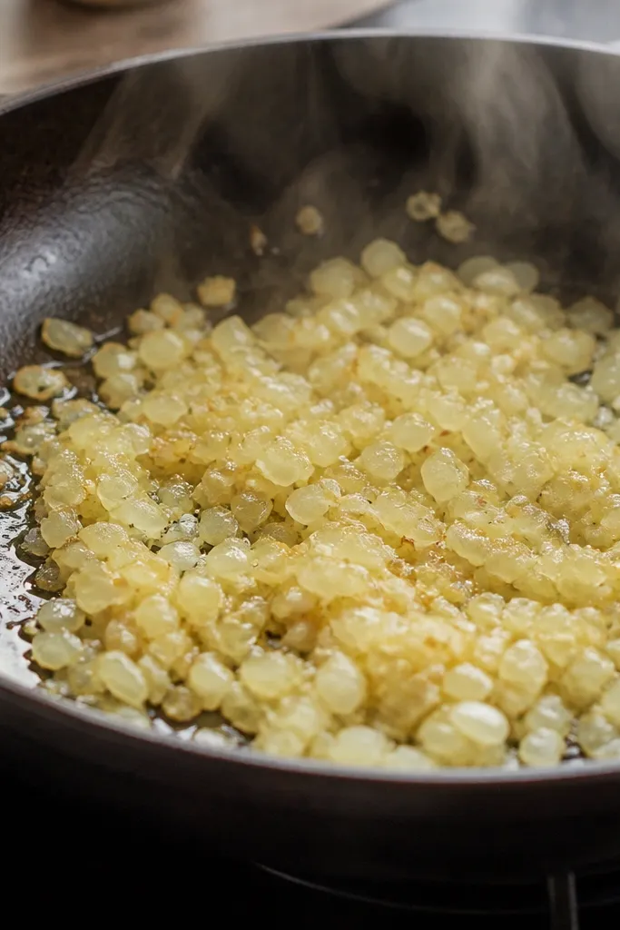 A skillet with translucent diced onion and lightly golden minced garlic, steam rising, and a sheen of olive oil around the edges.