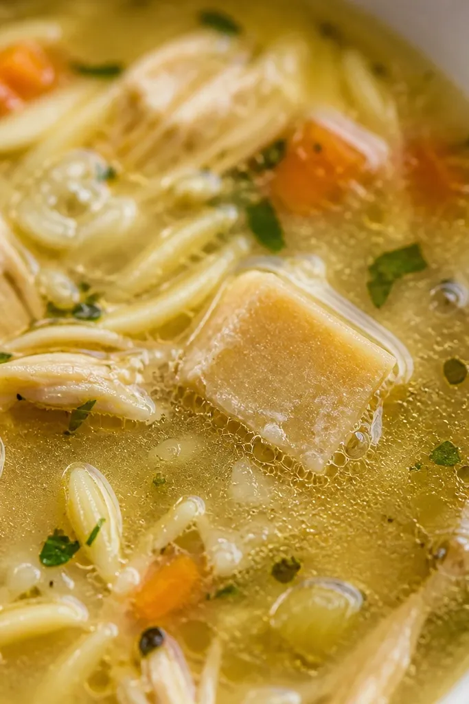 A small piece of parmesan rind floating in the soup with tiny bubbles around it; the broth looks slightly thicker near the rind.