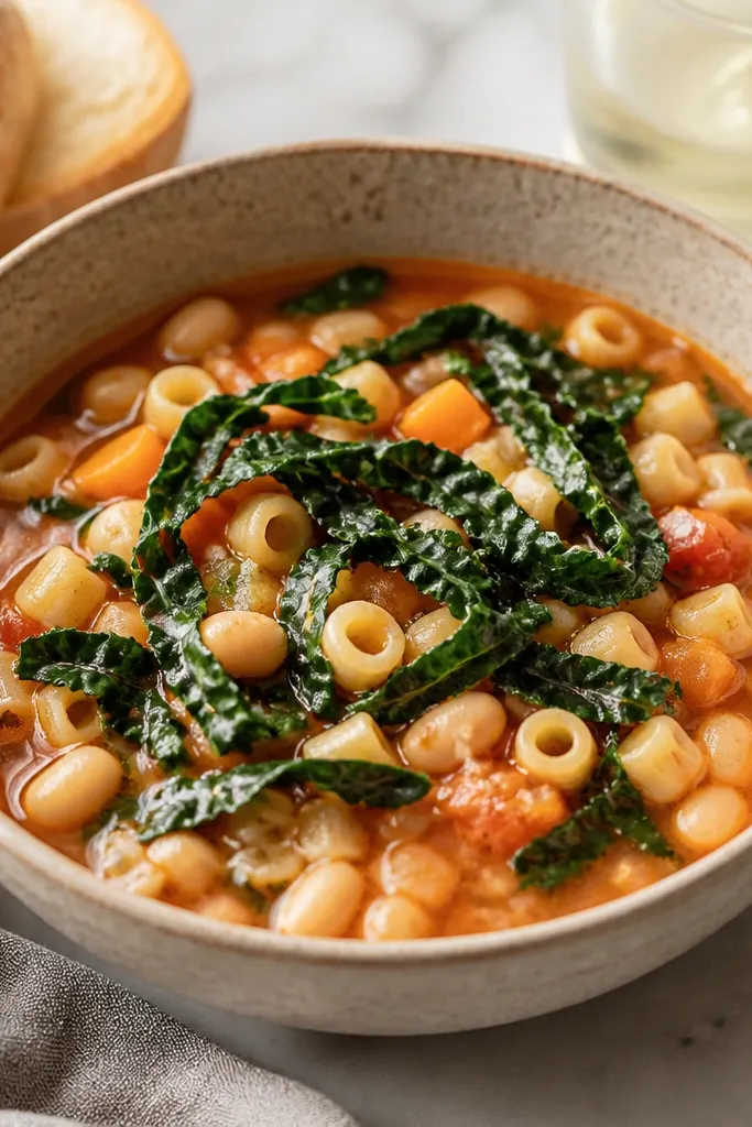 A bowl of pasta fagioli with dark green ribbons of spinach or kale on top; the greens look glossy and intact, not mushy.