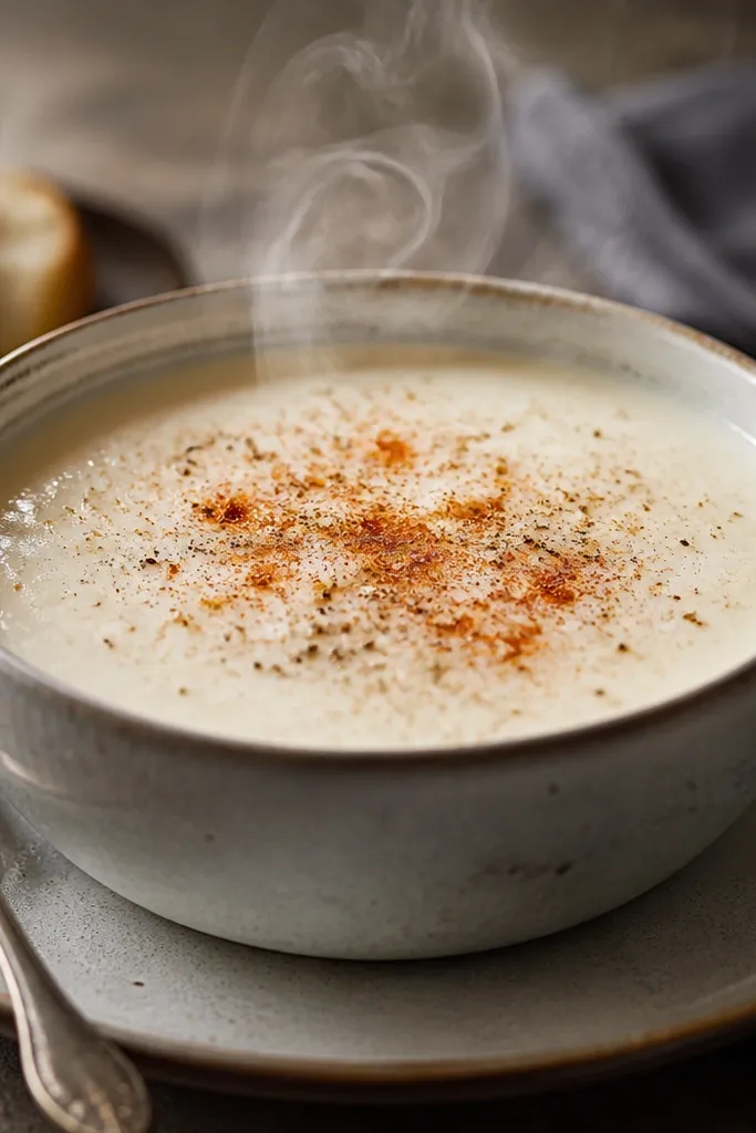 A plated bowl with a fine red-brown paprika sprinkle and a light snowfall of black pepper across the surface; steam rises.