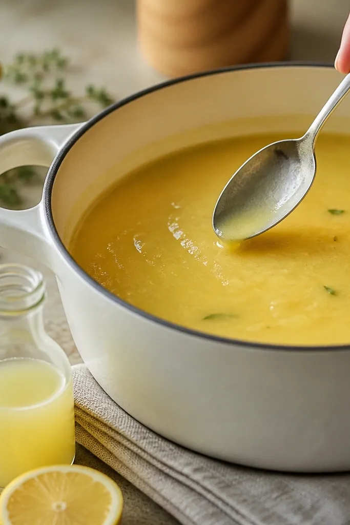 A small glass bottle of lemon juice and a spoon poised over a pot; the soup surface looks glossy and slightly thicker after stirring.