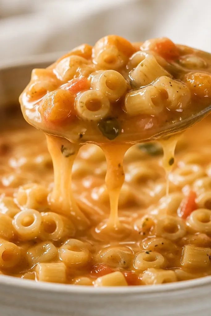 A close-up of ditalini coated in thick broth; a spoon lifts and the soup stretches slightly before dripping.