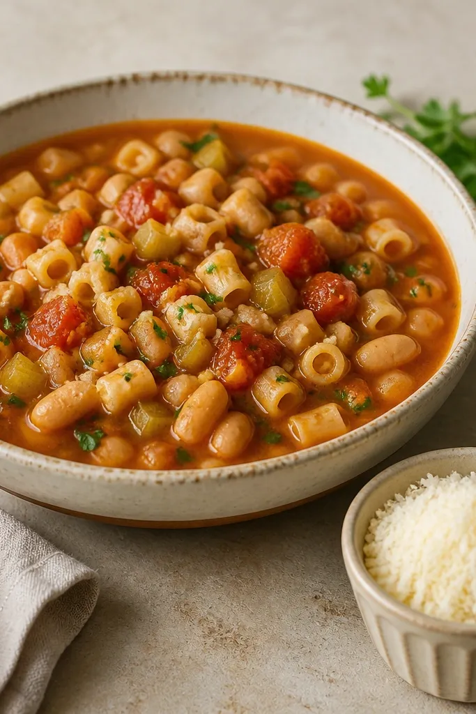 A serving bowl with pasta fagioli and a small ramekin of grated parmesan on the side; the parmesan looks pale and fluffy.