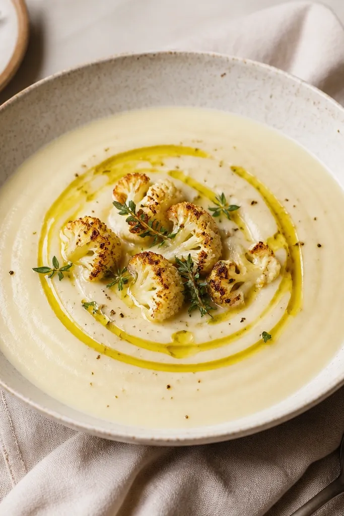 A thin ribbon of green-tinged olive oil swirled on top of the soup, catching light in the center of the bowl.