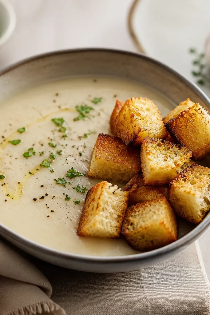 Small cubes of toasted bread with garlic rubbed on them, sitting on the side of the bowl; edges look crisp and golden.
