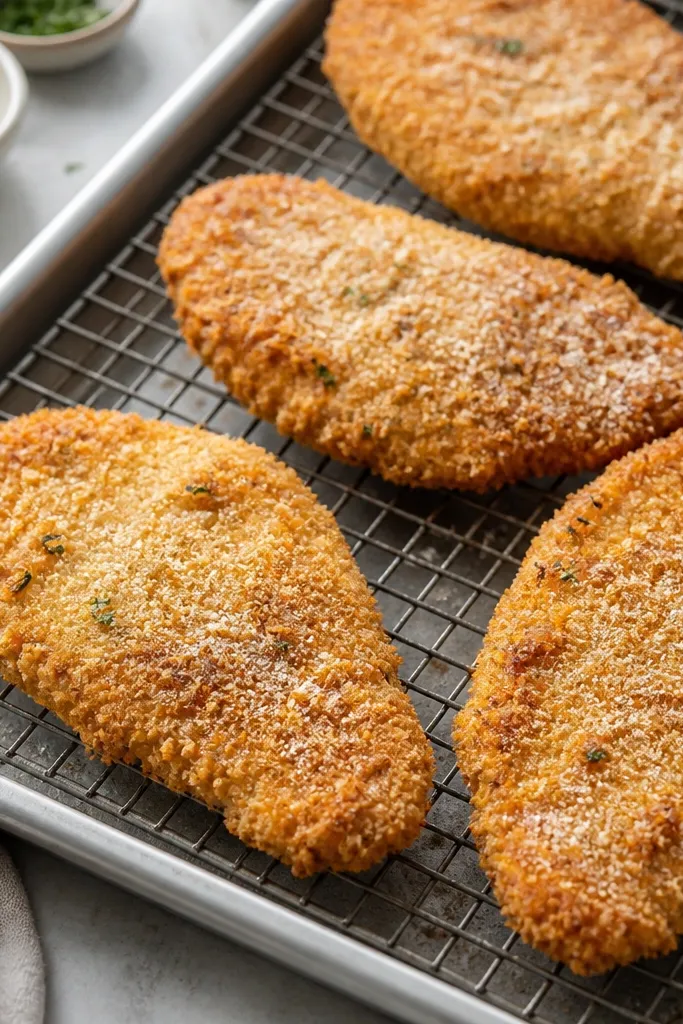 A rimmed baking sheet lined with a wire rack, holding several breaded chicken cutlets with visible golden breadcrumbs and a light dusting of grated Parmesan.