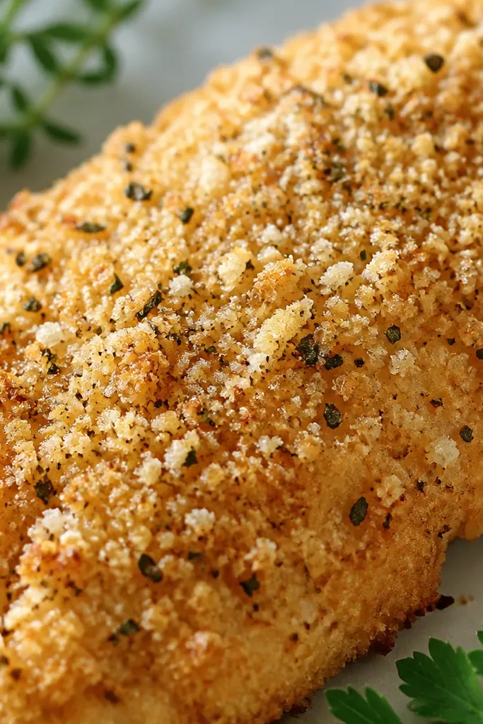 Close-up of breaded chicken showing a speckled coating: tan breadcrumbs, pale Parmesan snow, and tiny darker Italian seasoning bits.