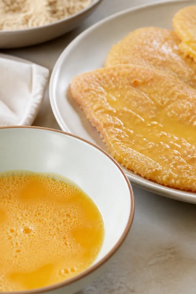 A shallow bowl with beaten eggs, next to a plate of breaded cutlets with a thin, glossy layer before breadcrumbs fully coat them.