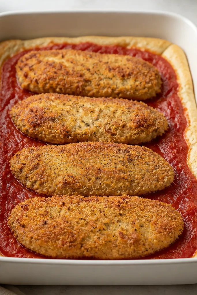 A baking dish view where red marinara is spooned in a thin band around the chicken cutlets, leaving the crust edges uncovered.