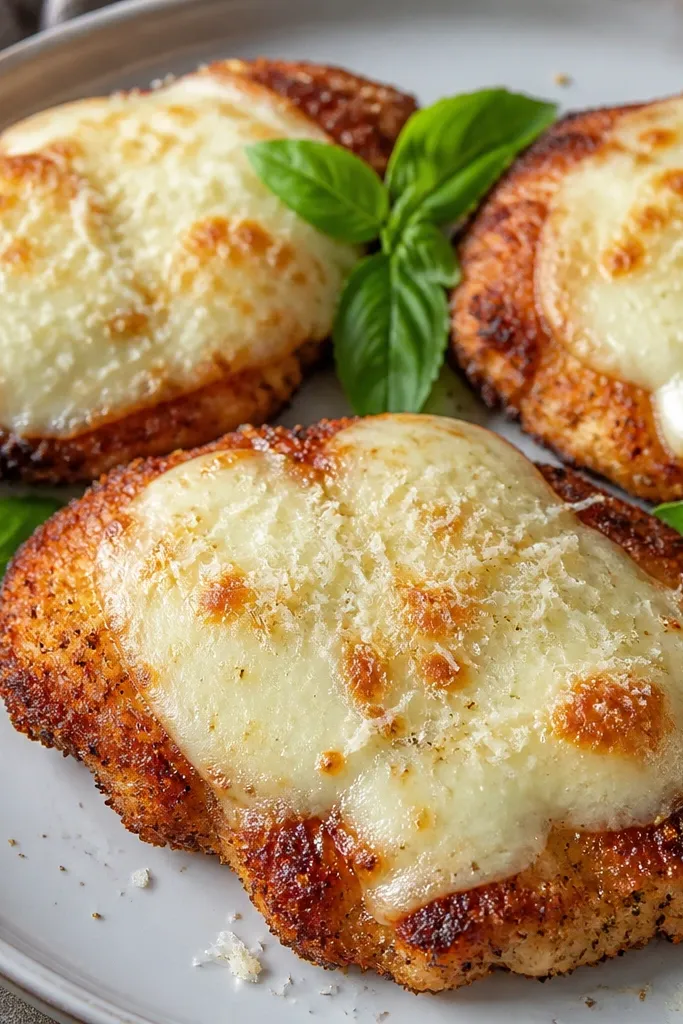 Chicken cutlets topped with a patchwork of mozzarella slices and a final sprinkle of Parmesan, with visible browning at the edges.