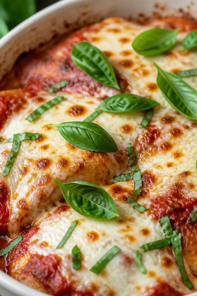 Fresh basil leaves scattered over hot chicken parmesan, with a few leaves holding their green color against the red sauce and white cheese.