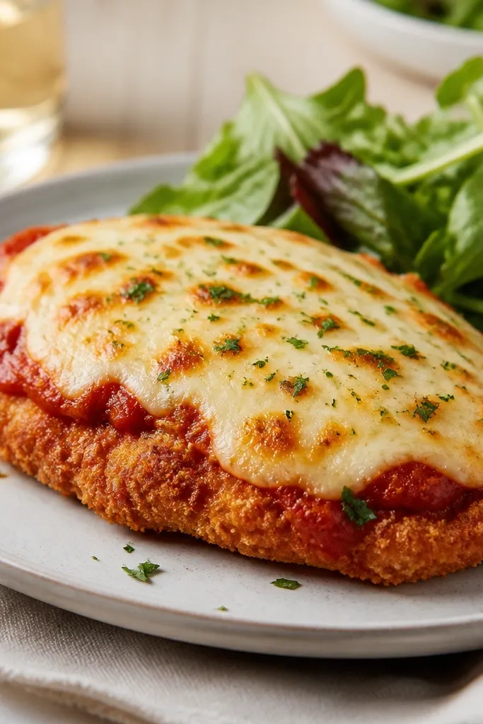 A finished plate of chicken parmesan where cheese is melted and slightly domed, not pooled, with the crust still visibly crisp on the sides.