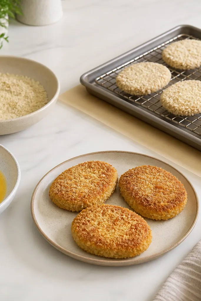A clean counter layout with two shallow bowls, a plate for finished cutlets, and a sheet of parchment under the rack pan.