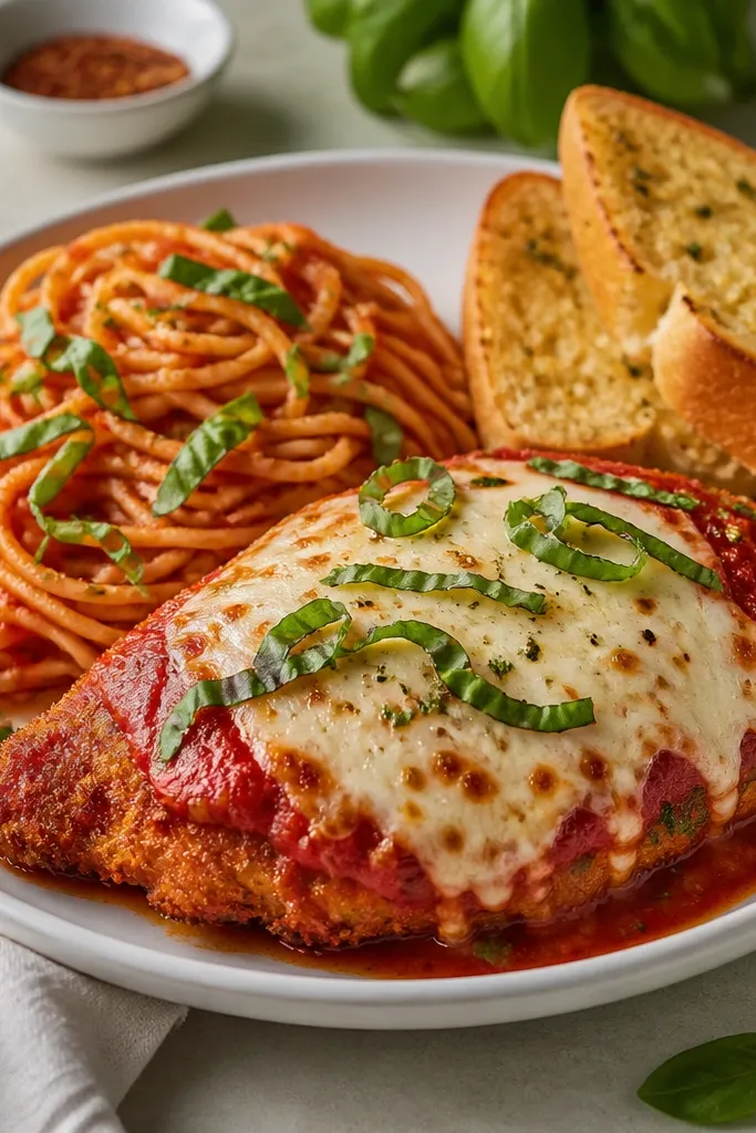 Chicken parmesan served with spaghetti and a small mound of garlic bread on the side, with red sauce and green basil visible.