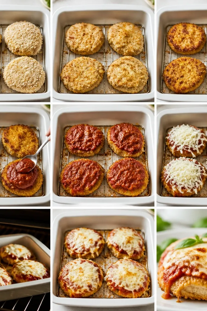 A baking sequence photo grid showing cutlets going from pale gold to deep golden, then topped with sauce and cheese for the final bake.