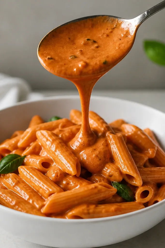 A white bowl filled with glossy pink-red pasta alla vodka, sauce clinging to ridged penne. A spoon held above the bowl shows a thick ribbon of sauce falling slowly back into the pasta.