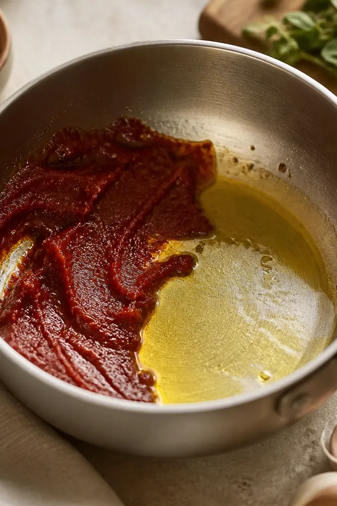 A small saucepan with olive oil shimmering. Tomato paste is spread in a thin layer against the pan wall, turning slightly darker at the edges.