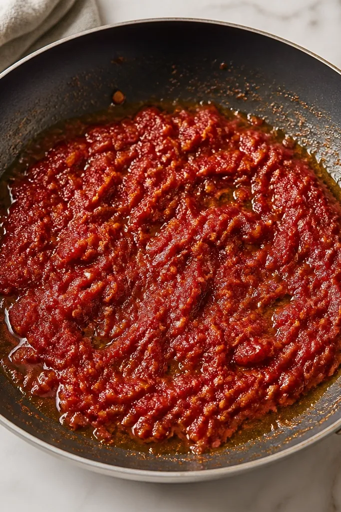 A skillet after sautéing aromatics, showing a thin glossy ring of olive oil around the edges of the tomato paste mixture.