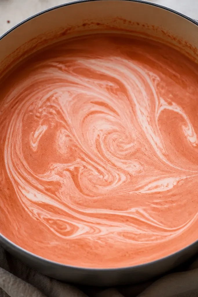 A pot where pink-red sauce has just met cream, showing white streaks that quickly blend into a uniform pale rosé swirl.