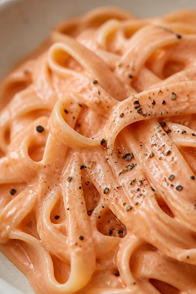 A close-up of pasta topped with freshly cracked black pepper. The pepper specks stand out against the pale pink sauce.