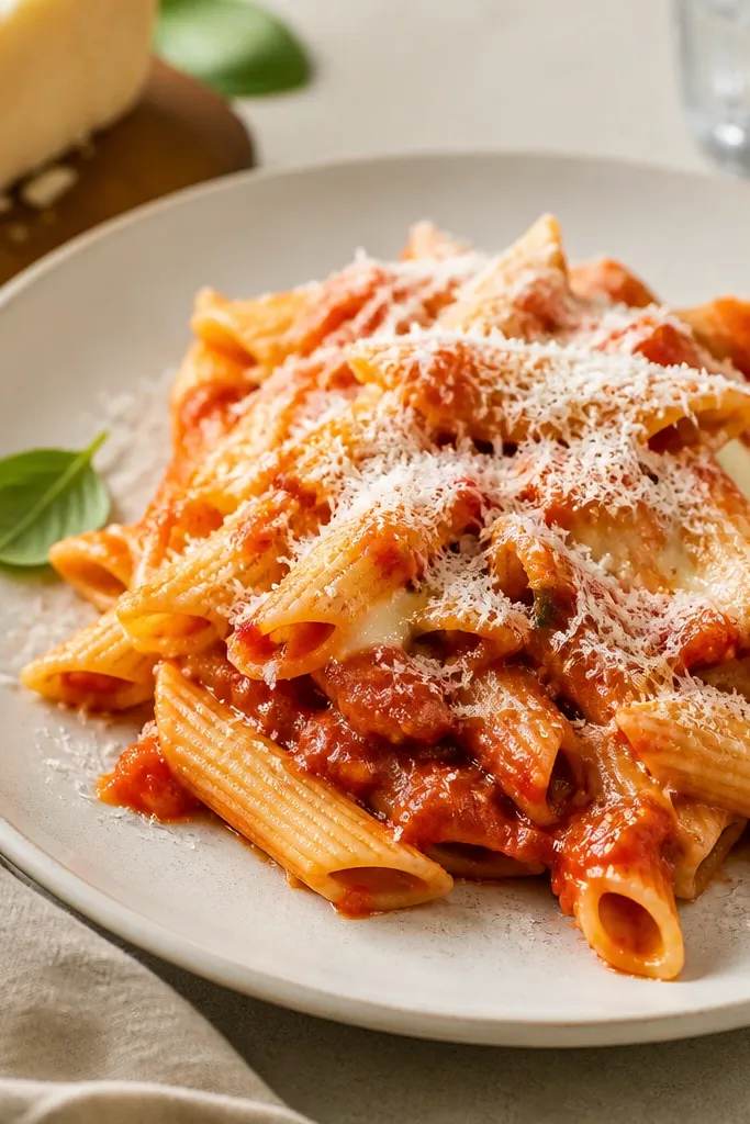 A plated serving with a light snowfall of finely grated Parmigiano-Reggiano over penne. Some cheese melts into glossy spots on the sauce.