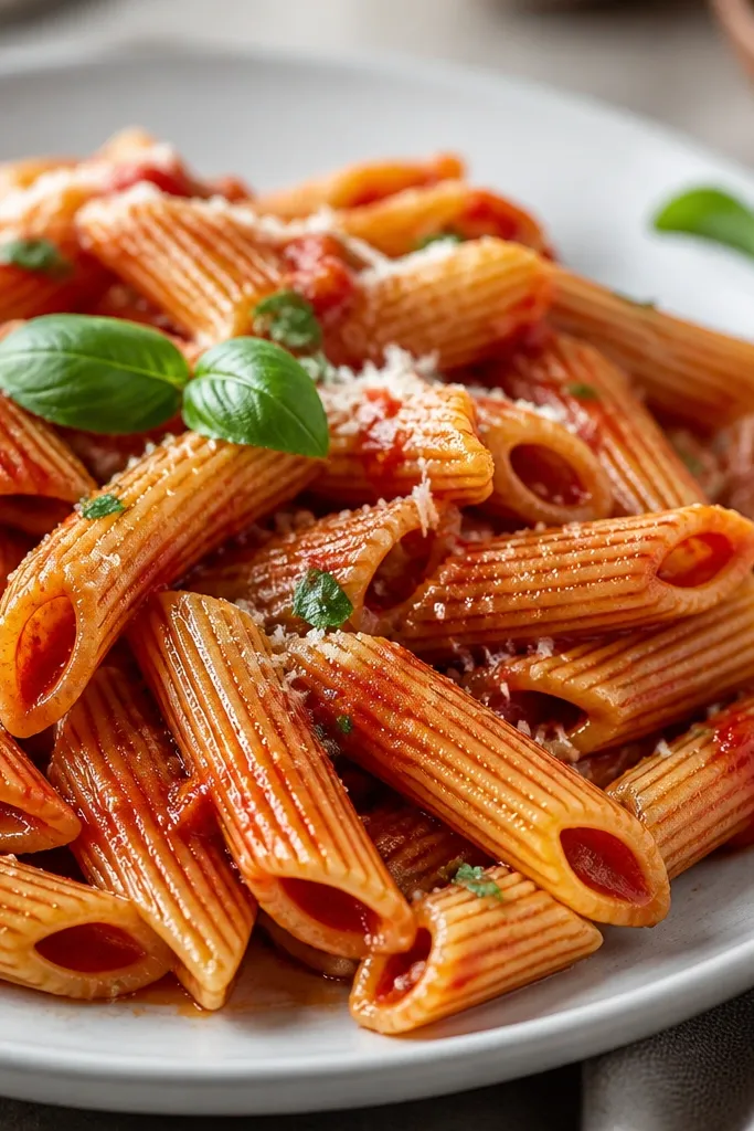 A plate of penne rigate where sauce fills the ridges and gathers inside the hollow tubes. You can see sauce lines along each ridge.