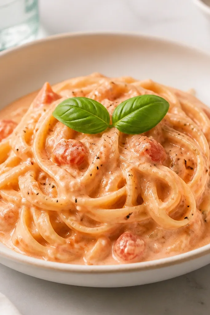 Two small basil leaves laid on top of the pasta, bright green against the pale rosé sauce. Leaves look fresh and not wilted.